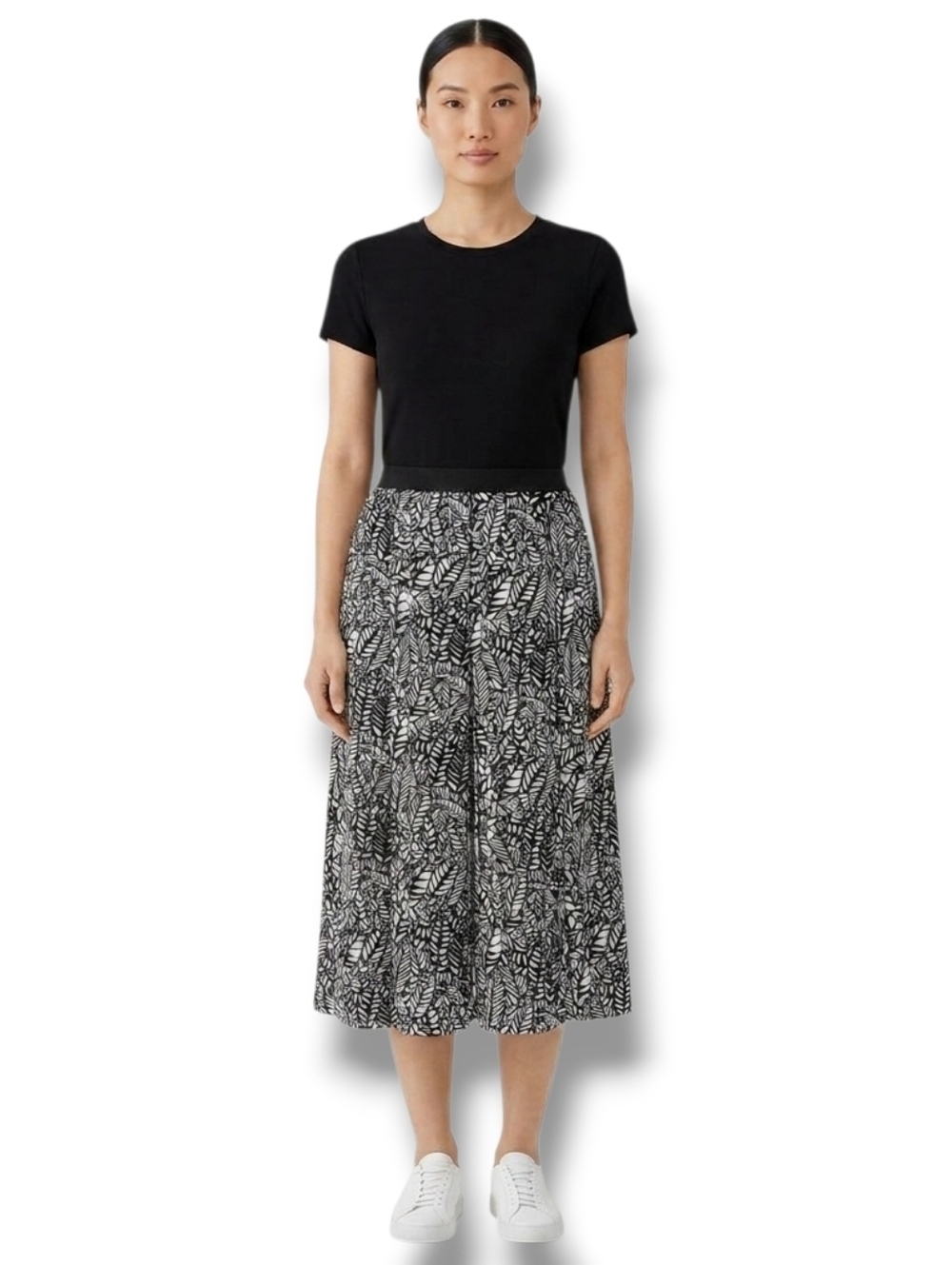 Robert Louis Women’s Black White Leaves Print Midi Skirt Size Large